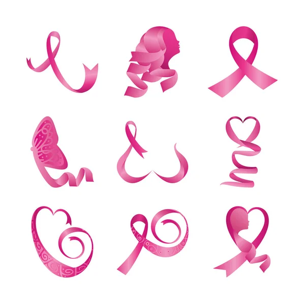 Conjunto de cintas de color rosa, insignias, conciencia de cáncer de mama — Archivo Imágenes Vectoriales