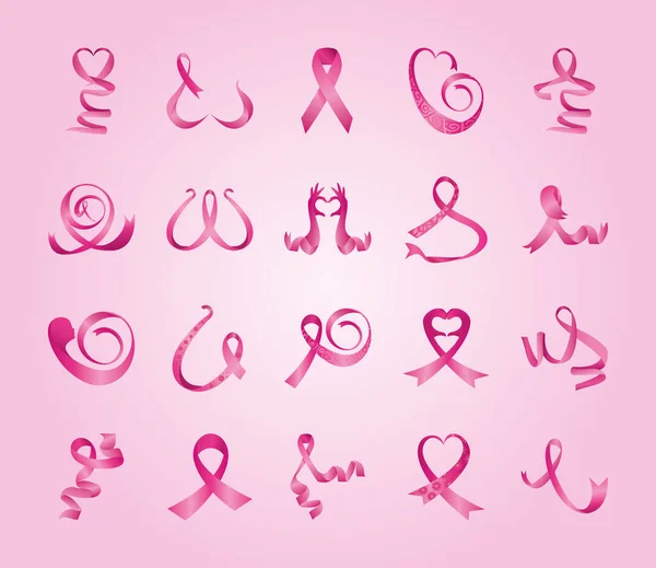 Set of pink ribbons, badges, breast cancer awareness in pink background — Stock Vector