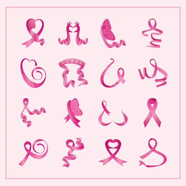 Ensemble de rubans roses, badges, sensibilisation au cancer du sein sur fond rose — Image vectorielle
