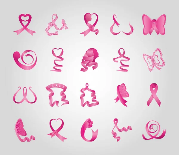 Ensemble de rubans roses, sensibilisation au cancer du sein — Image vectorielle