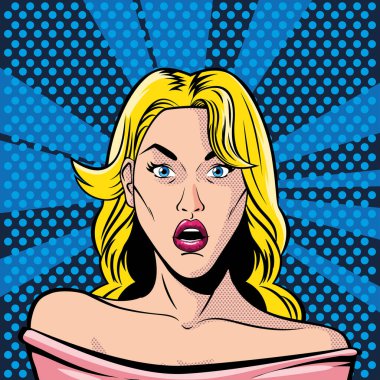 Sarışın kadın yüzü, ağzı açık, şaşırmış, tarz pop sanatı.