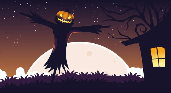 Halloween background with scarecrow in the dark field — стоковый вектор
