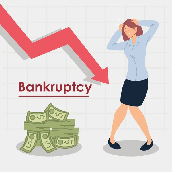 Csőd, pénzügyi válságban lévő nő, gazdasági probléma — Stock Vector