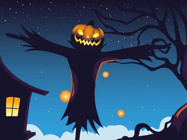 Halloween dark night background with scarecrow — стоковый вектор