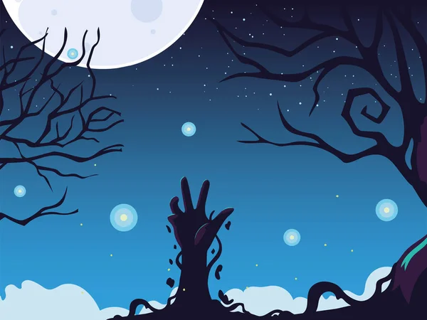 Fond halloween avec main zombie et pleine lune — Image vectorielle