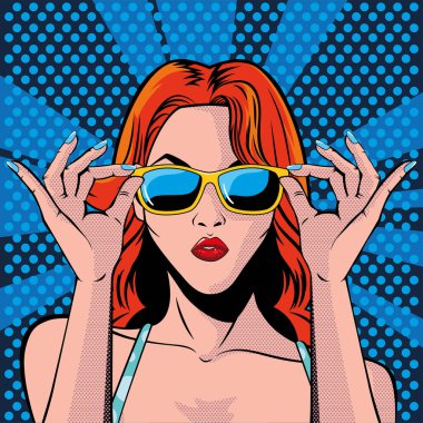 Güneş gözlüklü kadın yüzü, pop sanatı tarzı.
