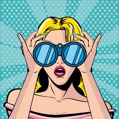 Sarışın, ağzı açık bir kadın yüzü, dürbün, pop sanat tarzı.