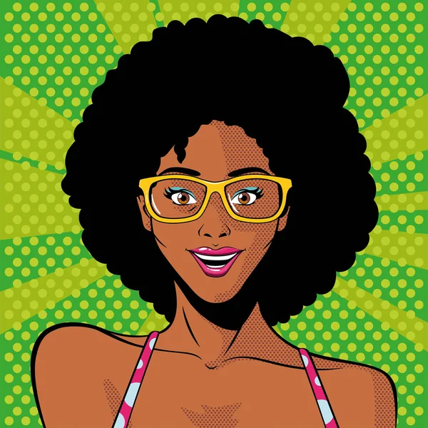 Afro cara de mujer con gafas, estilo pop art — Vector de stock