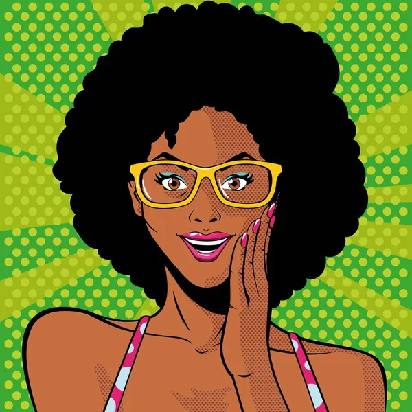 Afro cara de mujer con gafas, sorprendido, estilo pop art — Vector de stock