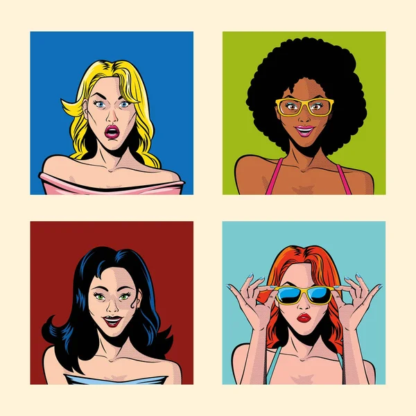 Conjunto de retratos de mulheres, estilo pop art — Vetor de Stock