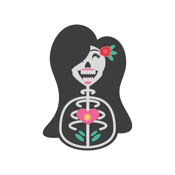死んだ女性の頭蓋骨の詳細なスタイルのアイコンベクトルデザインのメキシコの日 — ストックベクタ