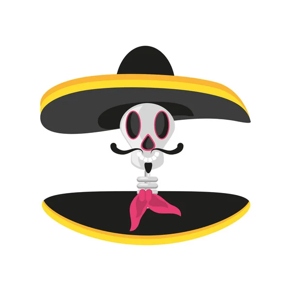 Μεξικάνικο κρανίο με καπέλο λεπτομερές στυλ εικονίδιο διανυσματικό σχεδιασμό — Διανυσματικό Αρχείο