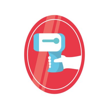 Uyarı işaretinde el ele tutuşan elektronik termometre ayrıntılı biçim ikon vektör tasarımı