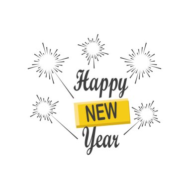 Havai fişek ve kurdele detaylı biçim ikon vektör tasarımı ile mutlu yıllar