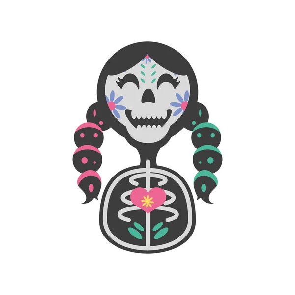 Мексиканский день мертвых девушек череп детальный стиль иконки векторный дизайн — стоковый вектор
