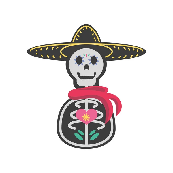 Mexican day of dead man skull with hat detailed style icon vector design — Stock Vector