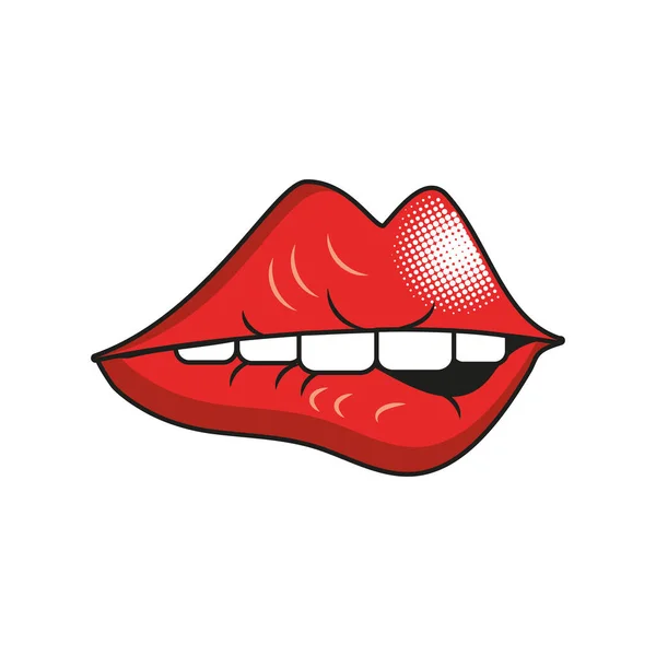 Pop art bocca femminile stile dettagliato icona vettoriale design — Vettoriale Stock