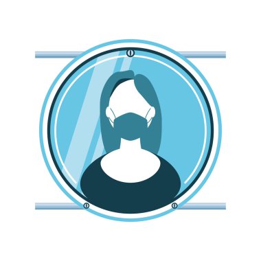 Uyarı işaretinde tıbbi maskeli kadın ayrıntılı biçim ikonu vektör tasarımı