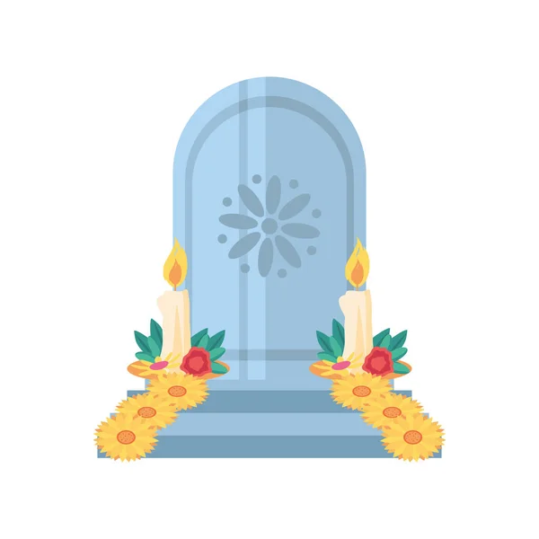 Jour mexicain de la tombe masculine morte avec des bougies et des fleurs design vectoriel icône de style détaillé — Image vectorielle
