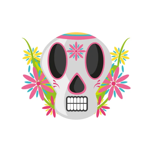 メキシコの頭蓋骨に花の詳細なスタイルのアイコンベクトルデザイン — ストックベクタ