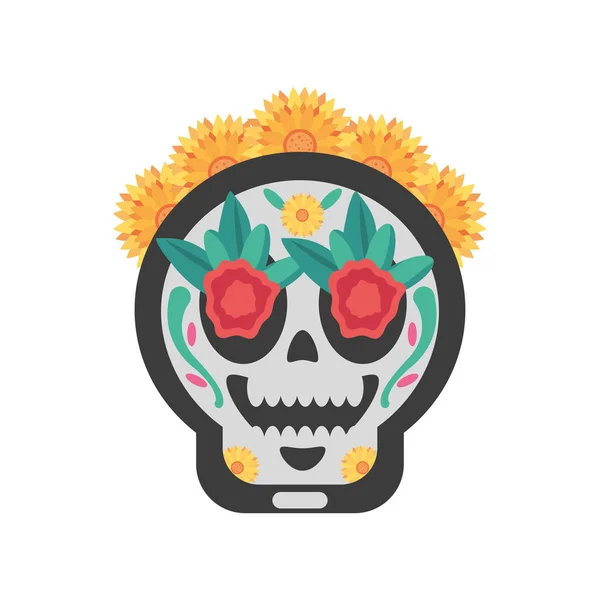 Mexikói nap halott női koponya virágokkal részletes stílus ikon vektor tervezés — Stock Vector