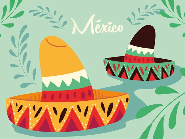 Etiqueta mexicana con sombreros mexicanos, cartel — Vector de stock