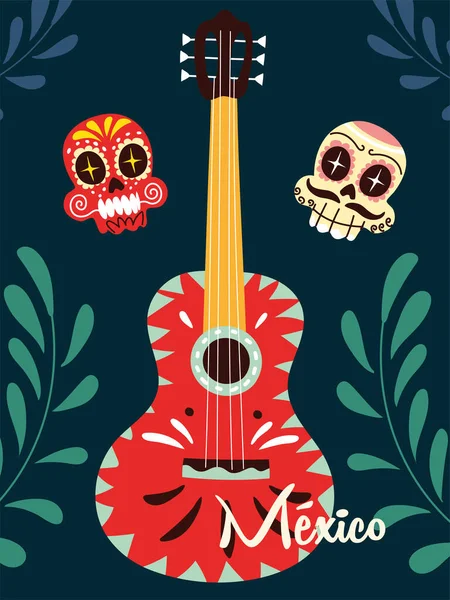 Mexico label com guitarra mexicana, instrumento musical — Vetor de Stock