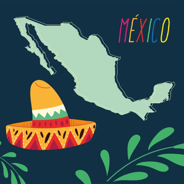 Label Mexiko mit mexikanischem Hut und Landkarte, Poster — Stockvektor