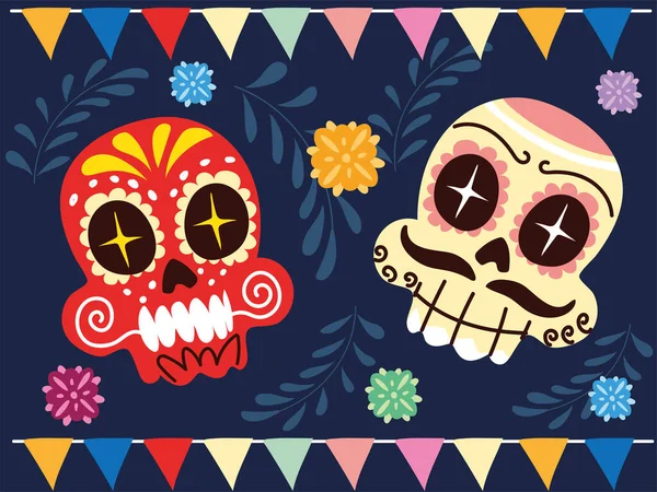 Tengkorak Meksiko yang ceria, poster perayaan Meksiko - Stok Vektor