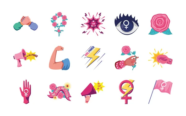 Feminismo estilo detallado conjunto de iconos diseño vectorial — Vector de stock