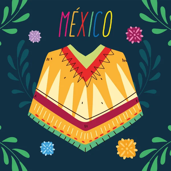 Etiqueta mexico com roupas poncho, poncho mexicano típico — Vetor de Stock