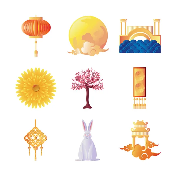 Sada ikon polovina podzimu festival nebo čínský měsíc festival na bílém pozadí — Stockový vektor