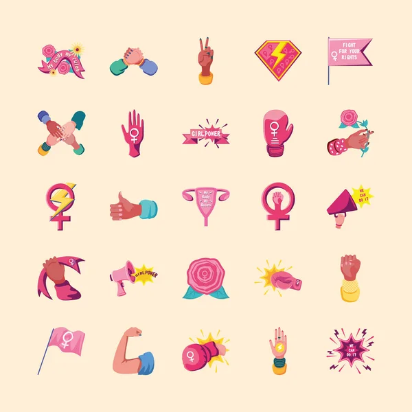 Feminismo estilo detallado símbolos conjunto vector diseño — Vector de stock