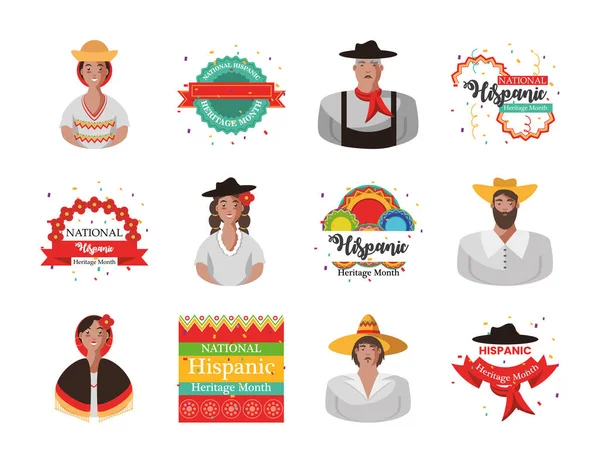 Herança hispânica nacional mês conjunto ícones vetor design — Vetor de Stock