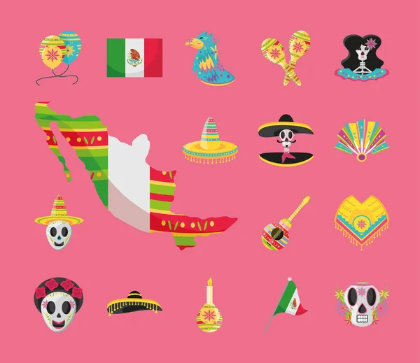 Pacote de estilo detalhado mexicano de ícones de design vetorial — Vetor de Stock