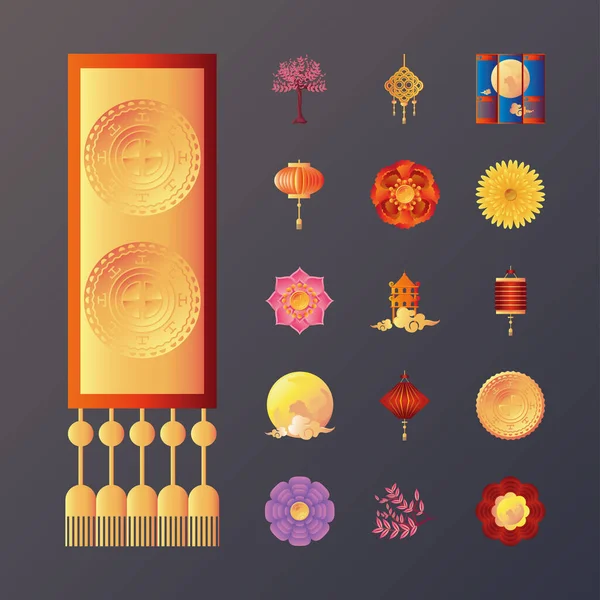 Set of icons mid autumn festival on black background — Stock Vector