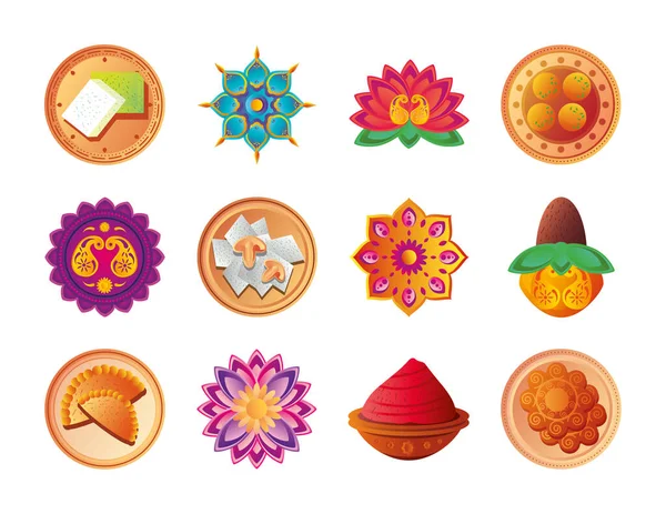 Diwali detailní styl nastavit ikony vektorové konstrukce — Stockový vektor