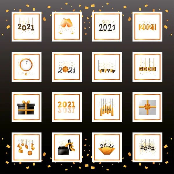 2021 feliz ano novo estilo detalhado ícones coleção vetor design —  Vetores de Stock