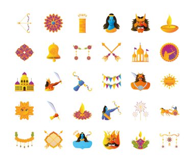 Dussehra festivalinin beyaz arkaplanlı simgeleri.