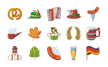 Oktoberfest kutlamalarının simgeleri beyaz arka planda
