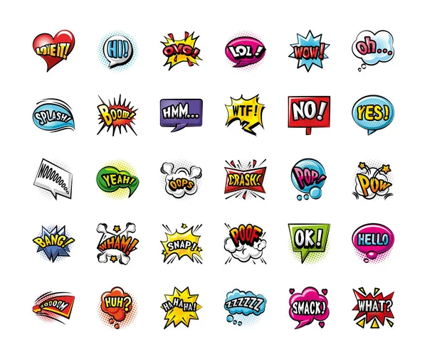 Pop art bubbles detailed style 30 icon set vector design — Stock Vector