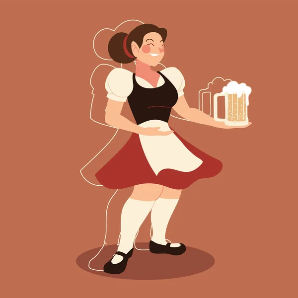 Oktoberfest femme dessin animé avec tissu traditionnel et la conception vectorielle de bière — Image vectorielle