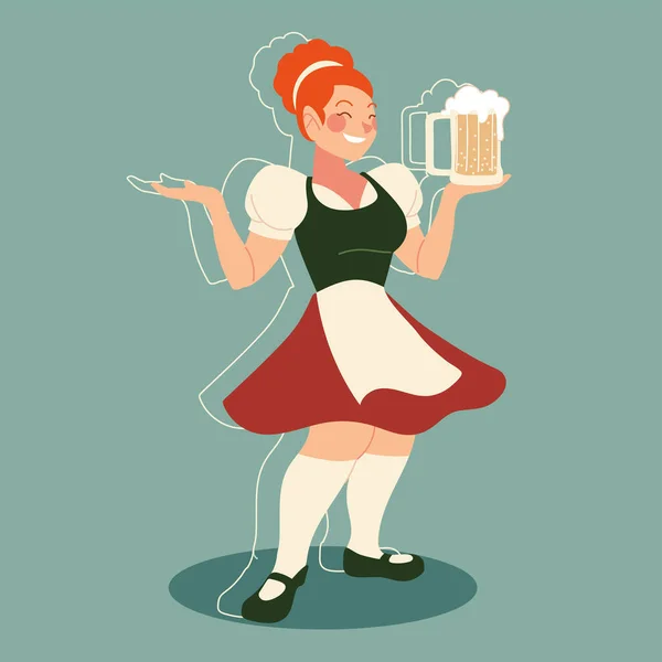 Oktoberfest kobieta kreskówka z tradycyjnej tkaniny i wektor piwa projekt — Wektor stockowy
