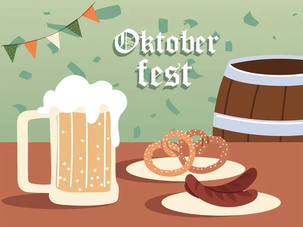 Oktoberfest啤酒桶香肠和椒盐卷饼病媒设计 — 图库矢量图片