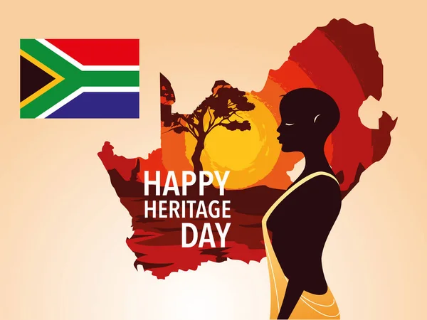 Ευτυχισμένη ημέρα πολιτιστικής κληρονομιάς με πρόσωπο afro και σημαία της Νότιας Αφρικής — Διανυσματικό Αρχείο