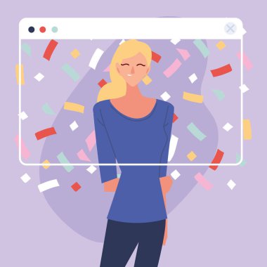 Sarışın kadın çizgi filmi ve konfeti ekran vektör tasarımlı sanal parti