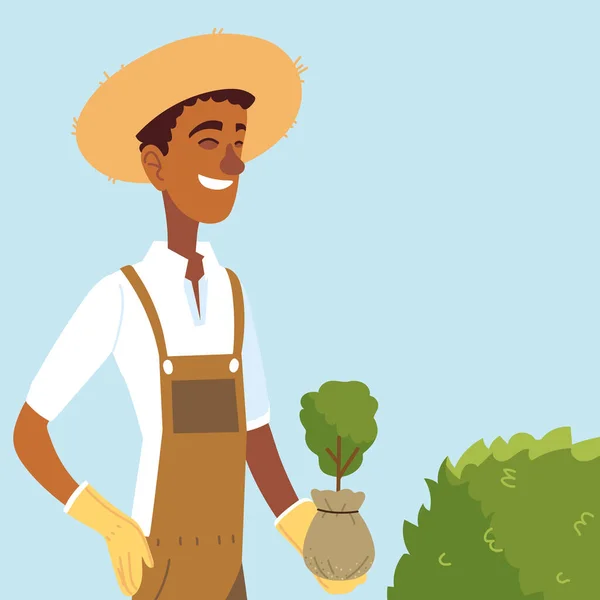 Giardiniere uomo cartone animato con pianta complessiva e arbusto progettazione vettoriale — Vettoriale Stock