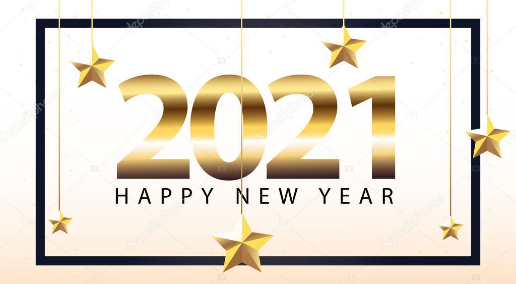2021 Happy new year in frame with stars hanging gold style vector design