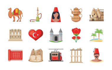 Türkçe ayrıntılı ikon vektör tasarımı seti