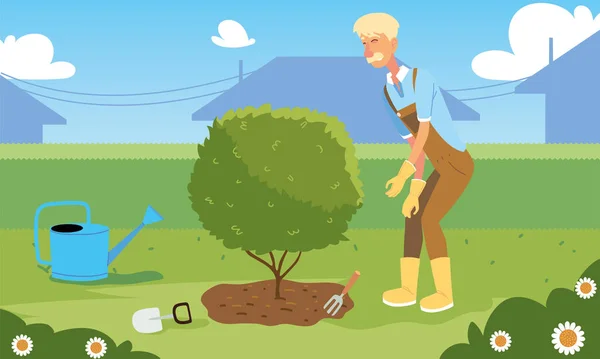 Homem jardineiro desenhos animados com árvore e rega pode projeto vetorial — Vetor de Stock